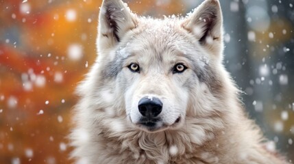 Obraz premium close up white wolf with snowfall background