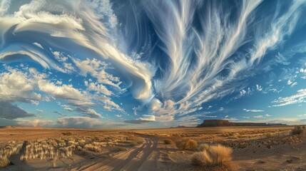 A captivating aerial view of an expansive dirt field, with the sky above alive with swirling clouds. The natural ballet of clouds forms an entrancing display. - obrazy, fototapety, plakaty