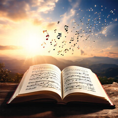 Music notes flying to the sky from an open music book