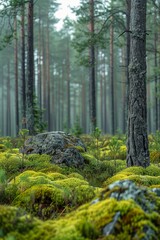 Fototapeta na wymiar Tranquil spring forest landscape with mossy rocks and wildflowers, copy space available
