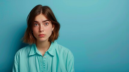 Fototapeta premium Pensive woman in turquoise shirt looks at blank space on blue background.