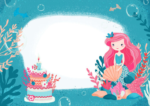 Festive nautical background with pink-haired mermaid holding a seashell, sitting on a rock and pink ocean style cake with fish and seaweed on white background. Background for an invitation card for a 