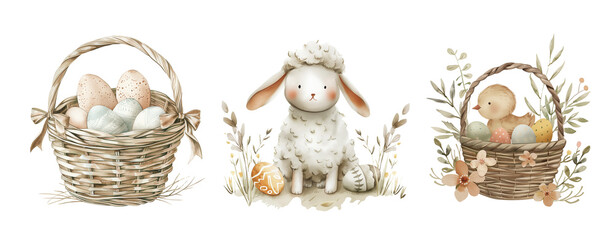 Sheep, basket with eggs and baby chick, spring easter watercolor illustration 
