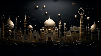 golden arab palace greeting lights up at night fairy tale black background. - 756408050