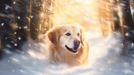 a cheerful dog outside a walk in the morning in the park arches merry Christmas and happy new year greeting card. - 756408052