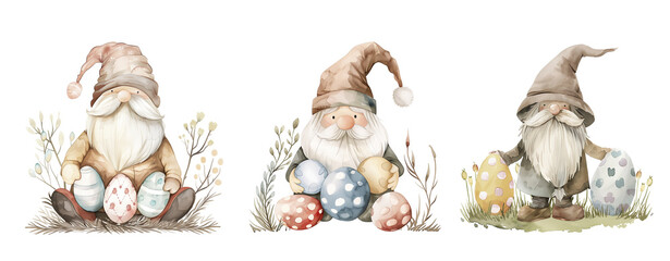 Easter eggs and gnomes, easter spring watercolor illustration 
