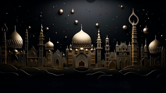 golden arab palace greeting lights up at night fairy tale black background.