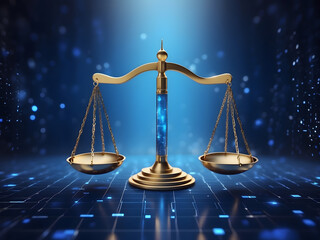 Unbiased artificial intelligence: Scales of Justice in the Digital World Concept. Digital illustration Scales on a futuristic blue data network background. Fairness and equality in ethical AI systems. - obrazy, fototapety, plakaty