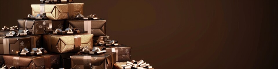 A towering stack of gift-wrapped presents adorned with shimmering ribbons and bows stands against a...