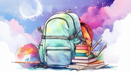 school backpacks school supplies on white background light watercolor painting drawing back to school - 756408285
