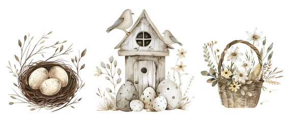 Birdhouse , nests and eggs with flower basket, spring easter watercolor illustration 