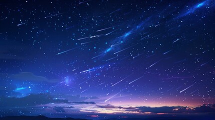 Shooting stars and comets streak across the night sky, leaving dazzling light trails in a realistic 3D scene. - obrazy, fototapety, plakaty