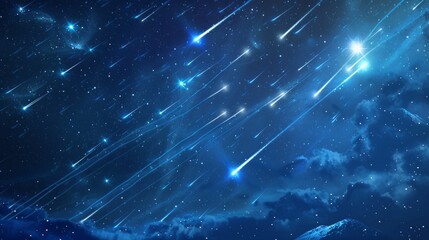 Shooting stars and comets streak across the night sky, leaving dazzling light trails in a realistic 3D scene.