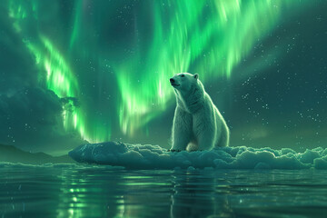 A polar bear on the ice at night with northern lights. Concept: The beauty of nature we must preserve from climate change.
