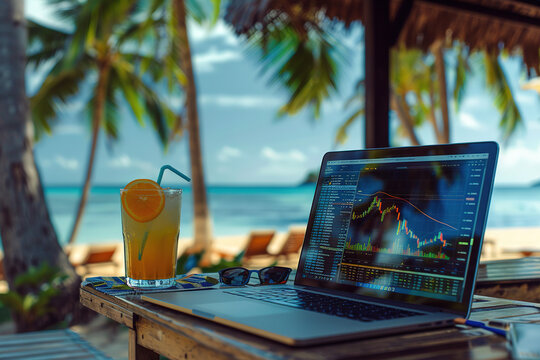 Remote Work on Tropical Beach with Laptop - Powered by Adobe
