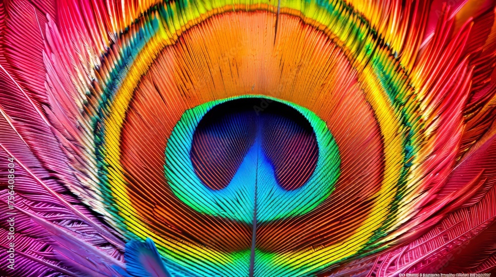 Poster Close up view of vibrant peacock feathers creating a colorful and captivating background