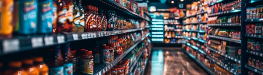 A grocery store aisle with a variety of fruits and vegetables - obrazy, fototapety, plakaty
