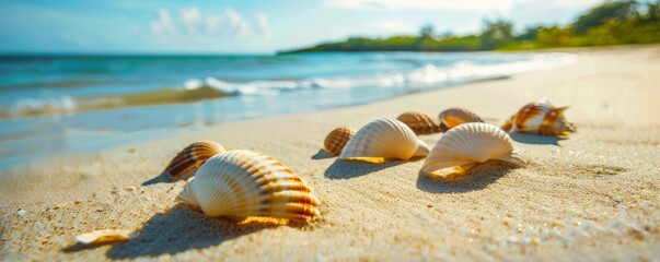 Seashells on sandy shore, symbolizing beach holidays, relaxation, and sea exploration.
