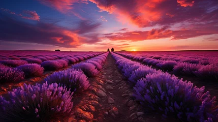 Fototapeten Beautiful lavender field with long purple rows, Generative AI. © Анатолий Савицкий