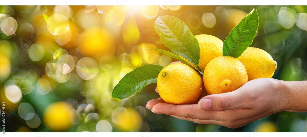 Poster Hand holding fresh lemon, blurry lemon selection background with ample space for text placement