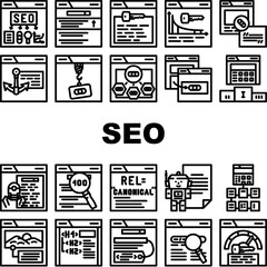 seo optimize search rank icons set vector. report marketing, optimization internet, dashboard digital, market, analysis, engine seo optimize search rank black contour illustrations