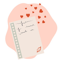 Sheet with a note and a kiss. Love card, message. Confession of feelings. Valentine Day