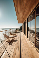 Modern wooden architecture meets nature’s beauty on a sandy beach, under the enchanting evening sun.
