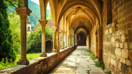 Fototapeta na wymiar Serene monastery cloister in lush valley