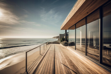 Modern wooden architecture meets nature’s beauty on a sandy beach, under the enchanting evening sun.
