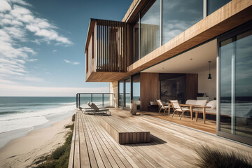 Modern wooden architecture meets nature&rsquo;s beauty on a sandy beach, under the enchanting evening sun.

