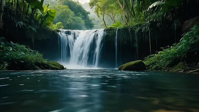 waterfall in forest video background, with jungle, river, tree, amazing fantasy video