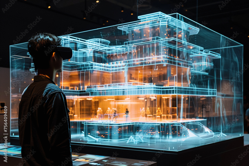 Wall mural an architect designs a building using virtual reality. concept: the future of architecture lies in a