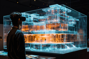 An architect designs a building using virtual reality. Concept: The future of architecture lies in AI, holograms and 3D design.