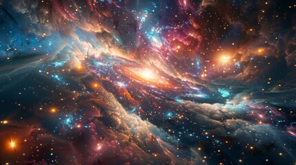 Digital art depiction of a colorful, swirling nebula in space, radiating with bright colors against a starry