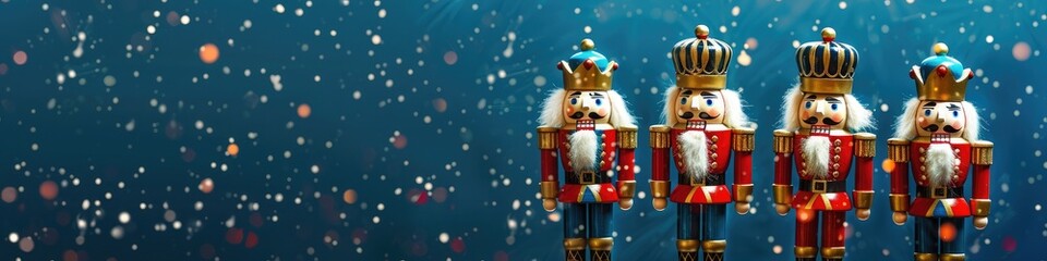 A trio of nutcracker figurines stand proudly against a royal blue backdrop, adding a touch of whimsy to the holiday decor, with space for your message. - obrazy, fototapety, plakaty