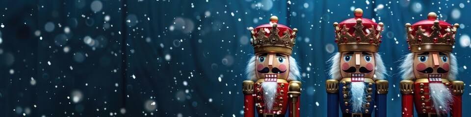 A trio of nutcracker figurines stand proudly against a royal blue backdrop, adding a touch of whimsy to the holiday decor, with space for your message. - obrazy, fototapety, plakaty