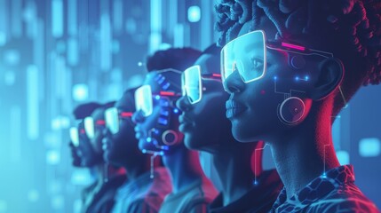 Profile view of multiple people with virtual reality headsets against a blue digital background