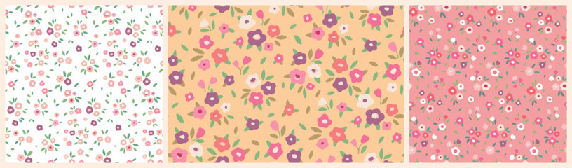 Seamless floral pattern, cute liberty ditsy print. Pretty botanical design collection: mini hand drawn daisy flowers, simple small bouquets. Baby style textile, wallpaper ornament. Vector illustration