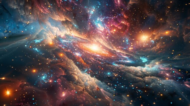 Digital art depiction of a colorful, swirling nebula in space, radiating with bright colors against a starry