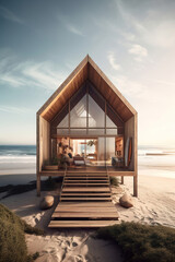 Modern wooden architecture meets nature’s beauty on a sandy beach, under the enchanting evening sun.
