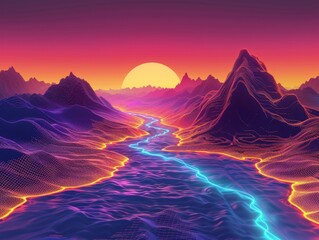 A vibrant synthwave inspired digital landscape featuring a glowing river winding through neon lit mountain ranges under a sunset sky.