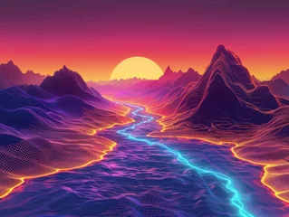 Foto op Canvas A vibrant synthwave inspired digital landscape featuring a glowing river winding through neon lit mountain ranges under a sunset sky. © ChomchoeiFoto