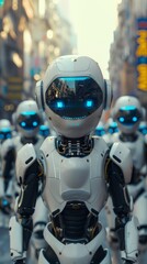Fototapeta premium Humanoid robot is seen exploring a bustling city street, highlighting the blend of future technology with everyday urban life.