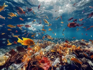 Fotobehang A vibrant underwater scene with shoals of fish and visible plastic pollution. © cherezoff