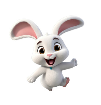 A cartoon rabbit is jumping in the air with a smile on its face