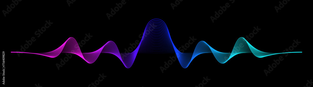 Poster Abstract wave lines dynamic flowing neural network purple blue light Isolated on black background. Vector design element for technology, science, music modern concept.