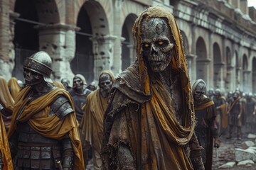 Zombie warrior in roman setting evoking a sense of gritty historic or fantasy conflict.