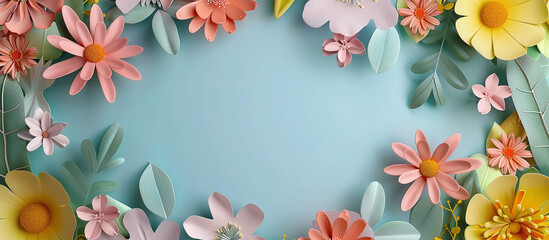 Multicolored paper cut flowers with green leaves, copy space on blue background.
