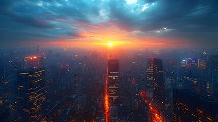 city skyline shrouded in dense smog or haze at sunset elevated view - obrazy, fototapety, plakaty