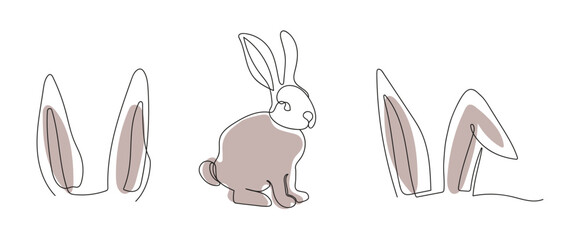 Collection of rabbit and bunny ears. Continuous one line drawing. Simple line art. Isolated on white backdrop. Minimalist style. Design elements for print, greeting, postcard, scrapbooking